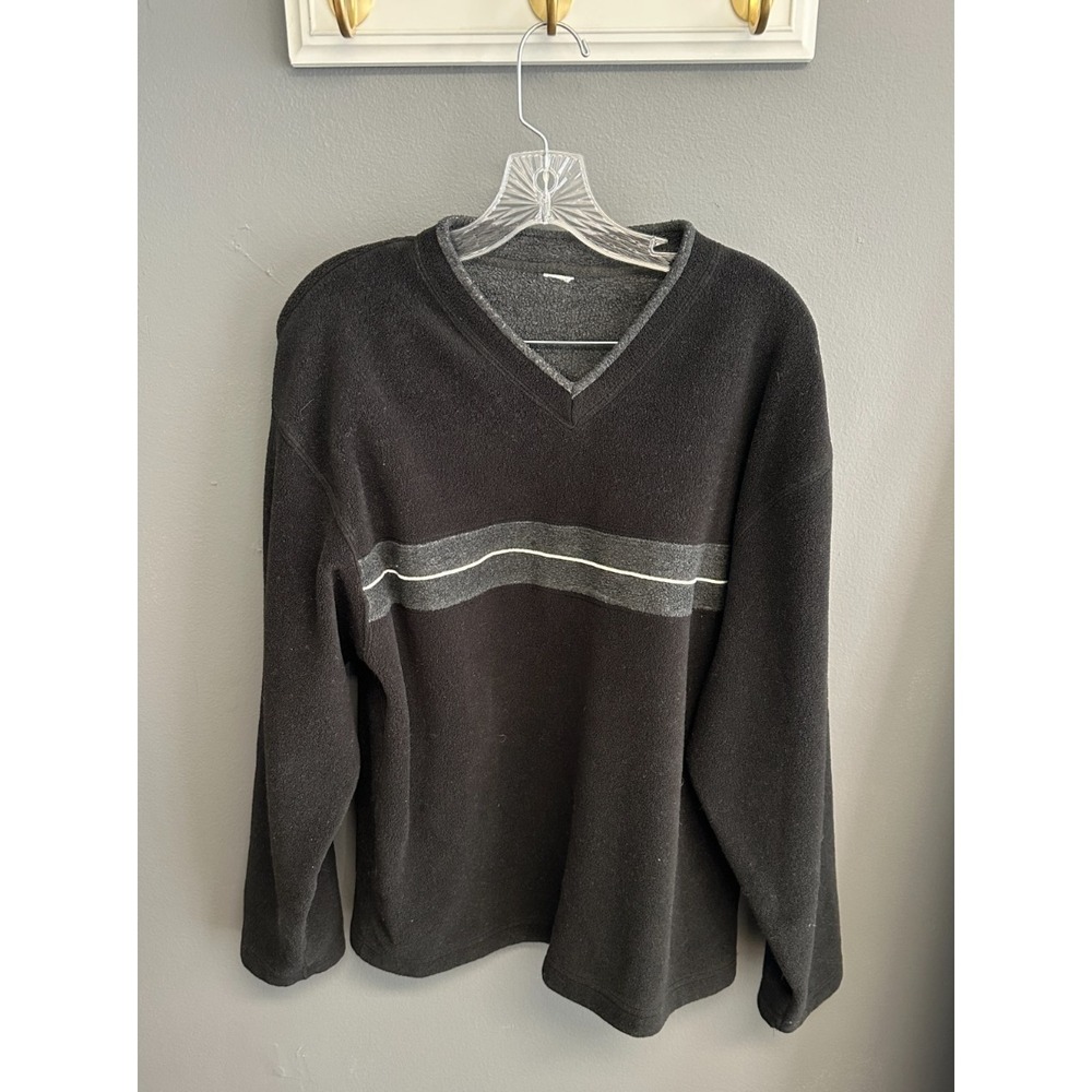 Vintage GAP Sweater‎ Mens L/XL Gray Stripe Fleece Pullover V Neck Sweatshirt Y2K